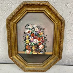 Vintage baroque Italian Victorian gilt gold leaf frame flower setting print